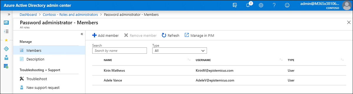 This screenshot shows members of the password administrator’s role.