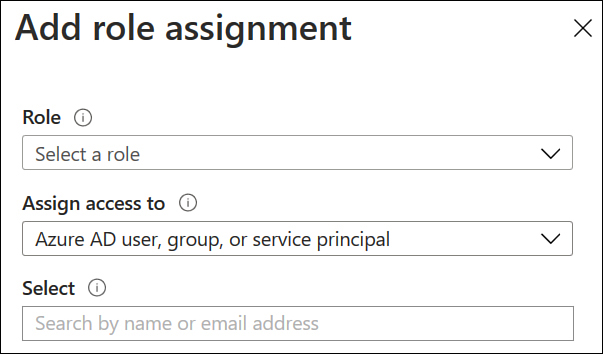 This screenshot shows Add Role Assignment dialog box for a resource group. Drop-down menus are shown for Role and Assign Access To. In the Select field, you can search by name or email address.