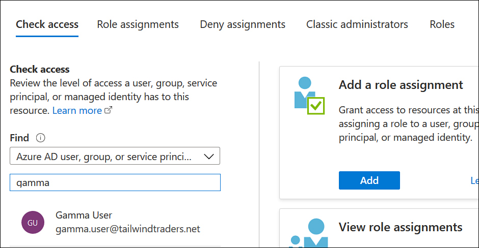 This screenshot shows the check access tab on the IAM blade of the Azure portal.