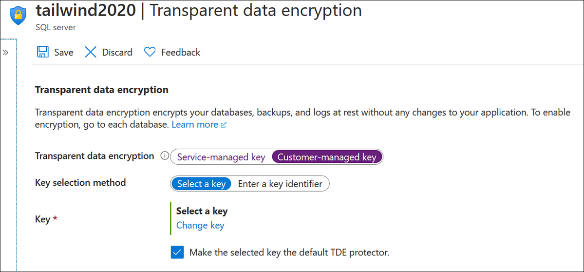 This screenshot shows the Transparent Data Encryption page with the Transparent Data Encryption option set to Customer-Managed Key.