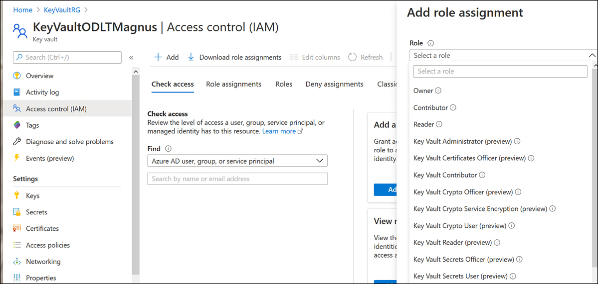 This screenshot shows the Add Role Assignment pane on the Access Control (IAM) node of Azure Key Vault. A list of roles is displayed.