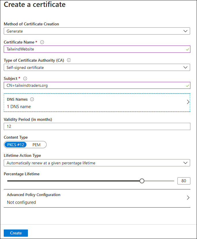 This screenshot shows the Create A Certificate page, with the certificate name set to TailwindWebsite and the Type Of Certificate Authority (CA) set to Self-Signed Certificate.