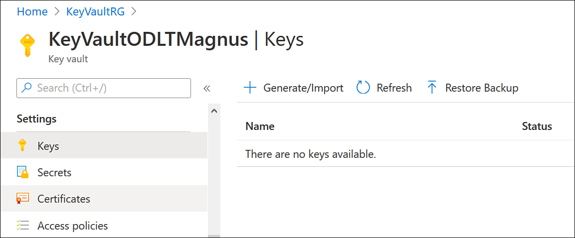 This screenshot shows the Keys page in Azure Key Vault. There are no keys in this Key Vault.