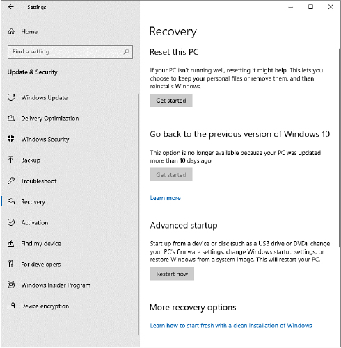 This screenshot shows the Settings app with eleven options under the Update & Security heading on the left and four options under the Recovery heading on the right: Reset This PC, Go Back To The Previous Version Of Windows 10, Advanced Startup, and More Recovery Options.