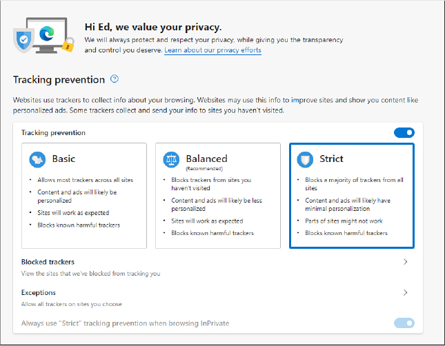This screenshot shows a settings page from Microsoft Edge, with the Tracking Prevention label at the top and three boxes labeled Basic, Balanced, and Strict in the center.