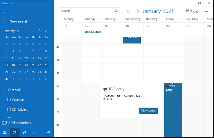 This screenshot shows a Calendar window labeled January 2021. On the left is a calendar control for the month of January, with the names of two calendars below it; on the right is a weekly view, with details for an upcoming party visible in a pop-up pane.