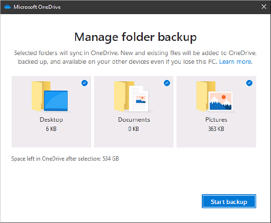 This screenshot shows a OneDrive setup dialog box labeled Manage Folder Backup. Three boxes in the center, Desktop, Pictures, and Documents, are selected, and a Start Backup button appears at the bottom.