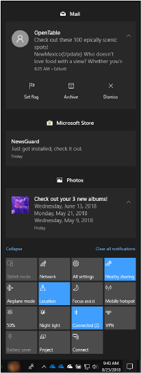 This partial screenshot shows the Action Center pane on the right side of a Windows 10 desktop, with a clock and several small icons at the bottom, 15 larger rectangular buttons above the taskbar, and three groups of notifications above those buttons.