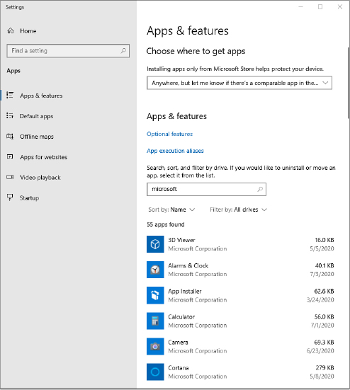 This screenshot shows the Apps & Features list from Settings, with the names of six apps, all from Microsoft Corporation, visible, and the words “55 apps found” above the list.