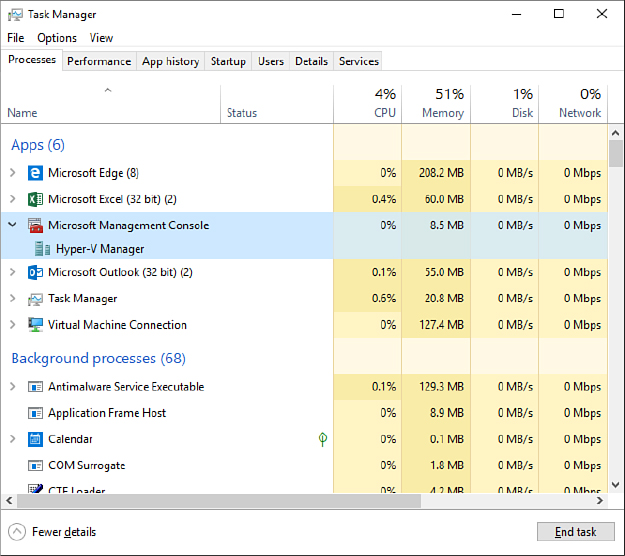 This screenshot shows the Task Manager window, with the Processes tab selected. Six entries are under the Apps heading, and additional entries are visible under the Background Processes heading. Columns to the right show CPU, Memory, Disk, and Network usage.