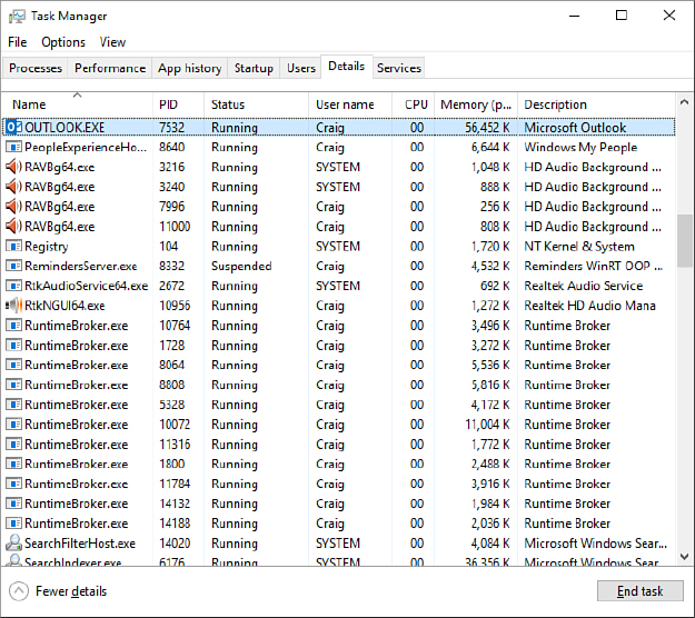This screenshot shows the Details tab in Task Manager.