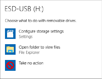 This screenshot shows the menu that appears when you clicked the pop-up notification. At the top is a message that reads, “Choose what to do with removable drives.” Below that is a list of three choices.