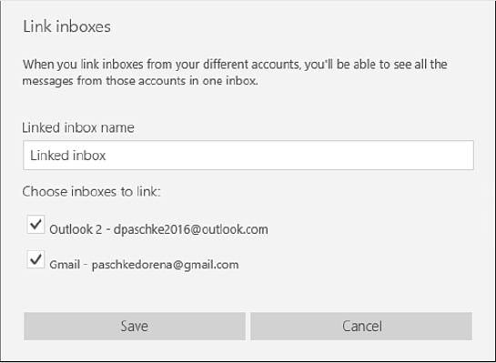 This screenshot shows the Link Inboxes dialog box. There’s a box in which to enter a name for the combined inbox. Mail proposes to call it “Lined Inbox.” Below that are check boxes for each available account.