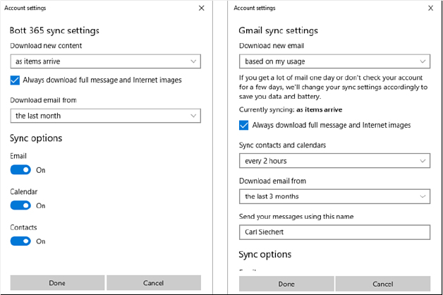 This screenshot shows two different Sync Settings dialog boxes: one for a Microsoft mail account and one for a Gmail account. The drop-down menu at the top specifies how frequently to download content. Other controls specify how often contacts and calendars are to be synced and the amount of mail that should be downloaded from the server.