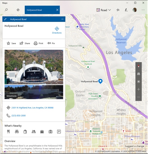 This screenshot shows the result of searching for the Hollywood Bowl. The information pane to the left of the map provides links to nearby facilities, the phone number for the Hollywood Bowl, and assorted other details.