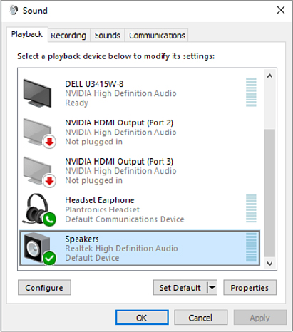 This screenshot shows the Sound dialog box with the Playback tab open and five devices visible. A green phone symbol is over the Headset Earphone entry, which is labeled Default Communications Device, and a green check mark is over the Speakers device, which is labeled Default Device.