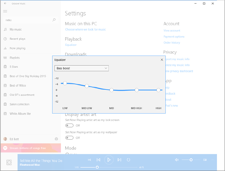 This screenshot shows the Groove Music Settings page, with a small Equalizer window in the center of the page. Bass Boost is selected from a list at the top, and a curved line with circles at each of five labeled frequency ranges is below it.