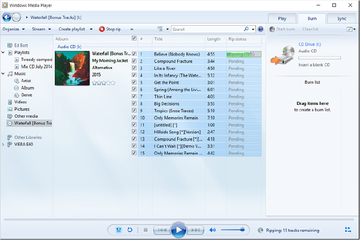 This screenshot shows Windows Media Player with a CD open, 15 tracks visible in the center, and a Rip Status column that shows the first track being ripped, with other tracks listed as Pending.