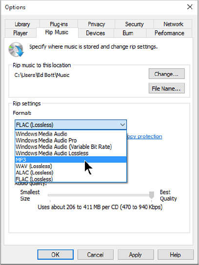 This screenshot shows the Rip Music tab of the Windows Media Player Options dialog box, with the Format list open showing eight available formats. MP3 is selected.
