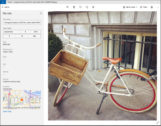 This screenshot shows an image open in the Photos app with the File Info pane visible on the left, showing the file name, size, and other details
