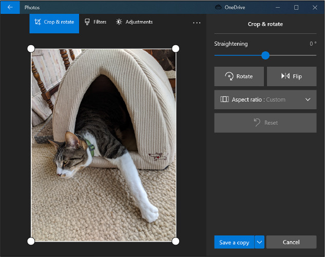 This screenshot shows the Photos app with a single image visible on the left and a pane on the right with editing tools categorized under Crop & Rotate, Filters, and Adjustments headings.