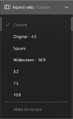 This screenshot shows a snippet from the cropping tools in the Photos app, with Aspect Ratio at the top and a list of seven options below it.