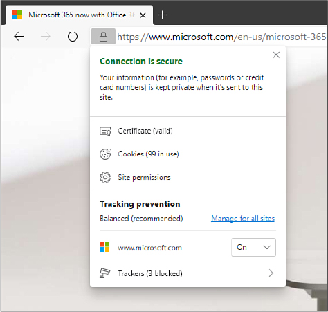 This screenshot shows a webpage open in Microsoft Edge, with an informational pane open below the padlock icon in the address bar. The box says the connection is secure and has information about the certificate, cookies, and site permissions. A section labeled Tracking Prevention is at the bottom of the pane.