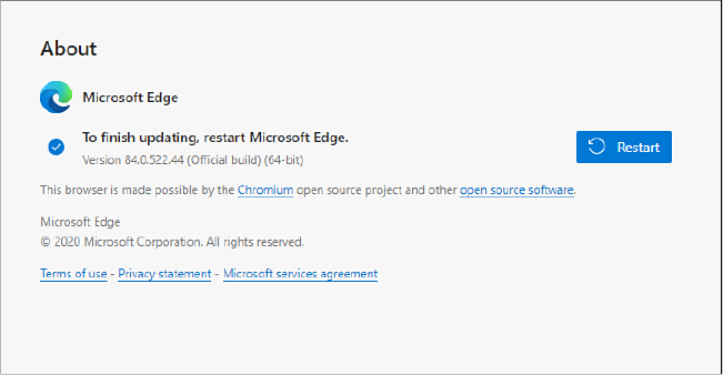 This screenshot shows the About page for Microsoft Edge, with a message that reads “To finish updating, restart Microsoft Edge.” A Restart button is on the right.