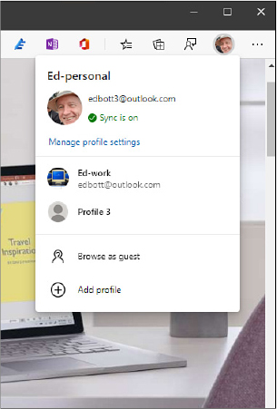 This screenshot shows the Profiles menu in Edge, with three profiles visible: Ed-personal, Ed-work, and Profile 3. There are also links to manage profile settings, browse as a guest, or add a profile.