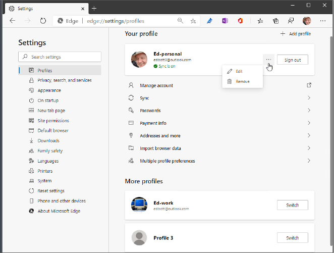This screenshot shows the Your Profile page in Edge Settings, with the Ed-personal profile at the top, a menu with Edit and Remove options visible, and seven additional options below the profile name, including Manage Account and Sync.