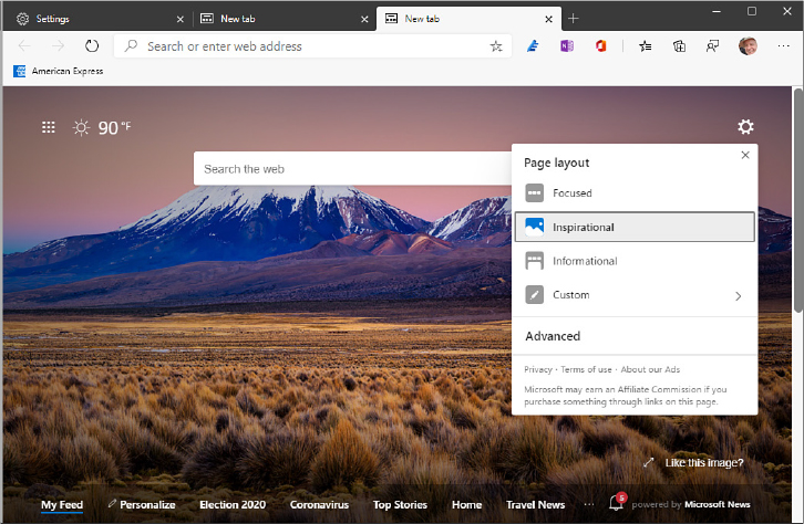 This screenshot shows the new tab page in Edge, with a Page Layout menu open, showing Focused, Inspirational, Informational, and Custom options.