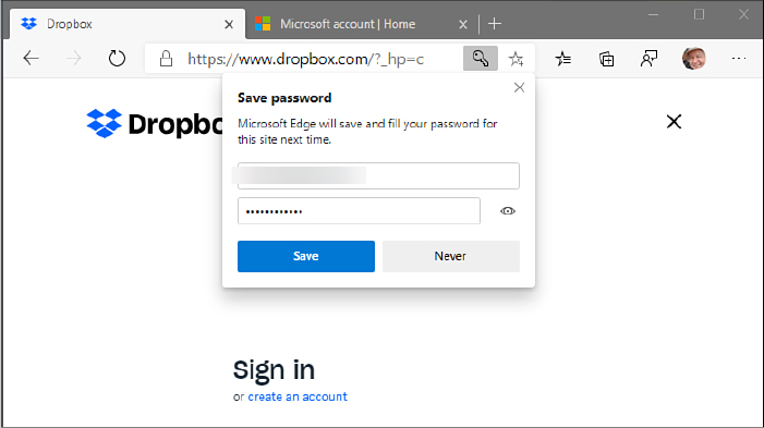 This partial screenshot shows the sign-in dialog box for Dropbox, with a username and password visible in a Save Password dialog box.