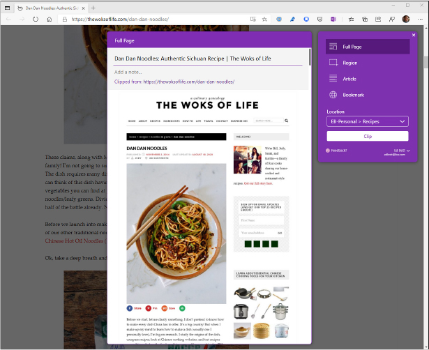This screenshot shows the OneNote Web Clipper extension with a web page preview in the center, four options in a small box on the right, and a Clip button at the bottom of that box.