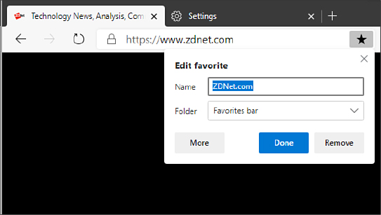 This screenshot shows the Edit Favorite dialog box in Microsoft Edge, with ZDNet.com in the Name box and Favorites Bar selected as the folder. Three boxes, labeled More, Done, and Remove, are at the bottom.