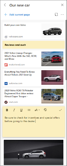 This screenshot shows a Collections pane, with the title Our New Car at the top, and a group of images, web links, and yellow sticky notes below it.