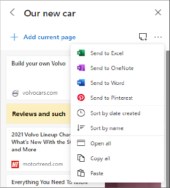 This screenshot shows the top of a collection with the heading Our New Car, with the Share menu open showing four Send To options for Excel, OneNote, Word, and Pinterest.
