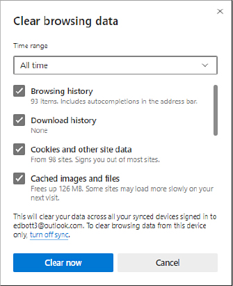 This screenshot shows the Clear Browsing Data dialog box, with All Time selected from the Time Range menu and four categories visible, each with a check mark to its left.