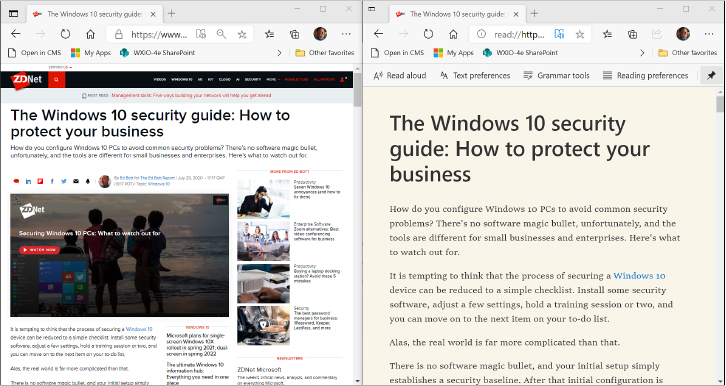 This screenshot shows the same web page in two browser windows, side by side. The one on the left has multiple images and a variety of text elements. The one on the right is all text, formatted in a large type size on a neutral background.
