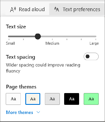 This partial screenshot shows the Text Preferences pane, with a slider for text size, a switch for text spacing, and five page themes in various colors.