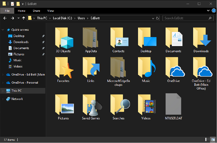 This screenshot shows a folder window for UsersEdBott, with 16 folders and one file visible. Two folders and the DAT file are slightly dimmed, indicating they’re normally hidden. 