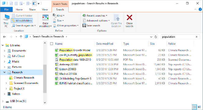 This screenshot shows a File Explorer window with the Libraries node selected in the navigation pane on the left. The Research library is open with three folders beneath it and its contents visible on the right.