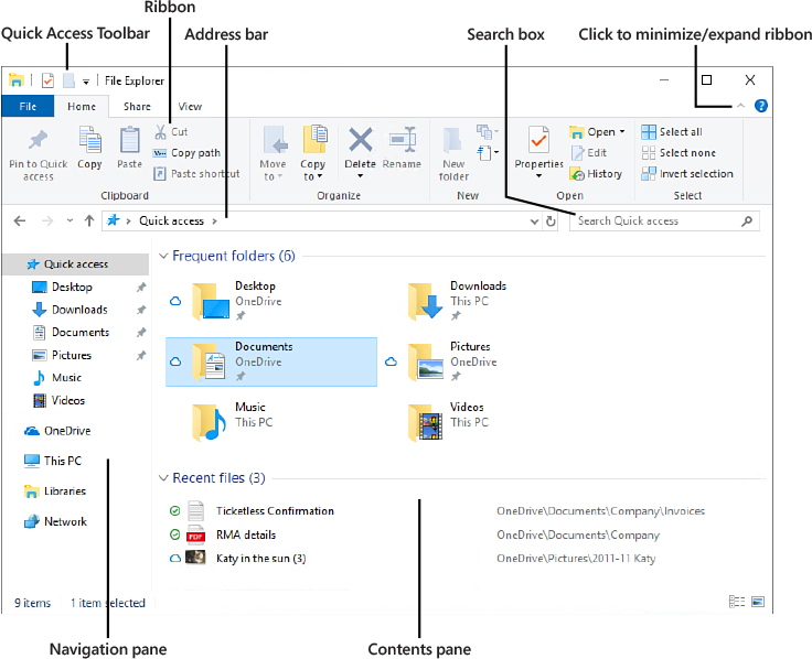 This screenshot shows File Explorer, with the ribbon visible and the Home tab selected. A Quick Access node is selected at the top of the navigation pane on the left, with six items under Frequent Folders and three items under Recent Files to the right of the navigation pane.