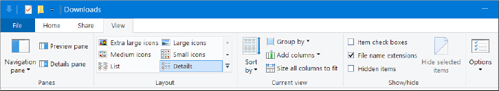 This screenshot shows the View tab on the File Explorer ribbon. The Layout group occupies the largest portion of the tab.