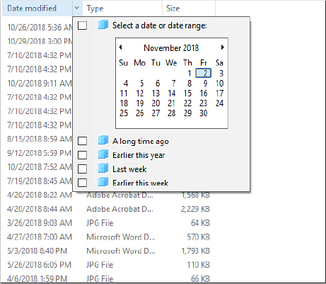 This screenshot shows a portion of the contents pane from a File Explorer window in Details view. A check mark is visible to the right of the Date heading, and directly below that is a calendar with four options below it, including Earlier This Week, Last Week, Earlier This Year, and A Long Time Ago.