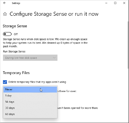 This screenshot shows the Configure Storage Sense Or Run It Now page in Settings. The Storage Sense switch is set to the Off position. The check box below the Temporary Files heading is selected, and the Delete Files In My Recycle Bin option is set to 30 days. Beneath the Delete Files In My Downloads Folder option a list is open showing five settings from Never to 60 days.
