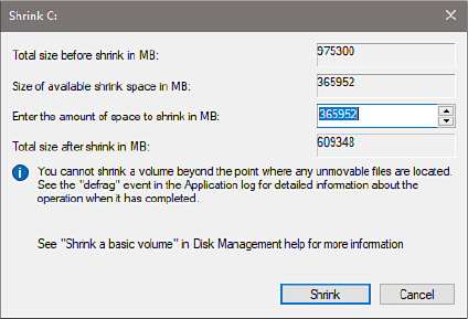 This screenshot shows the Shrink C: dialog box with four fields visible: total size before the shrink, available shrink space, amount of space to shrink, and total size after shrink.