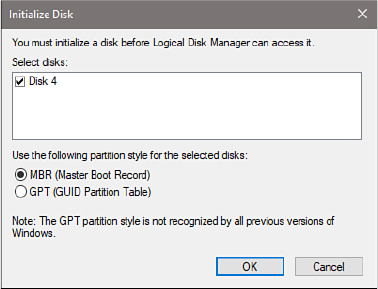 This screenshot shows the Initialize Disk dialog box. Beneath the entry for Disk 4 is a choice of MBR (Master Boot Record) and GPT (GUID Partition Table). MBR is selected.