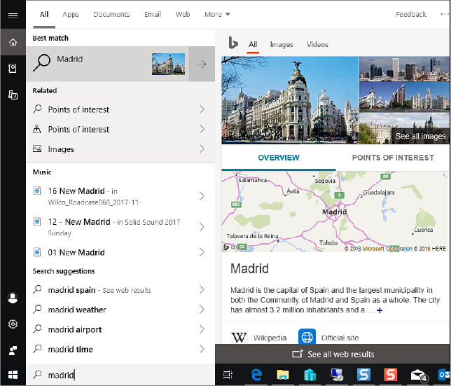 This screenshot shows the result of searching for the text Madrid. The right panel of the search results show pictures of Madrid and a map of Spain.