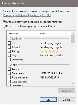 This screenshot shows the Remove Properties dialog box for a photo file. The largest part of the dialog box consists of a two-column table. Check boxes for various properties appear in the left column, their current values in the right.