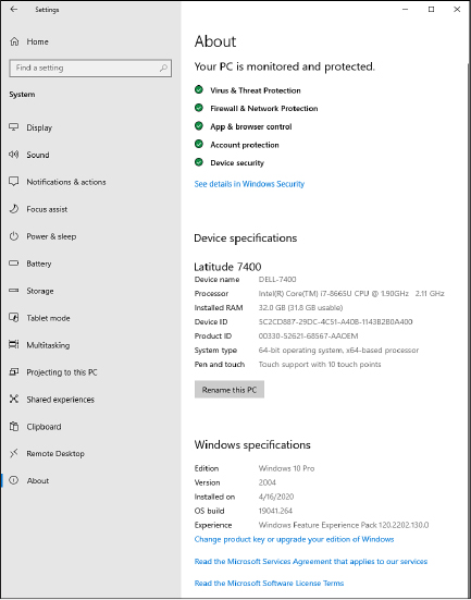 This screenshot shows a Settings page with the label “About.” A block labeled Device Specifications contains the device name and details about the system hardware, and a Windows Specifications block lists edition, version, and other details about Windows.